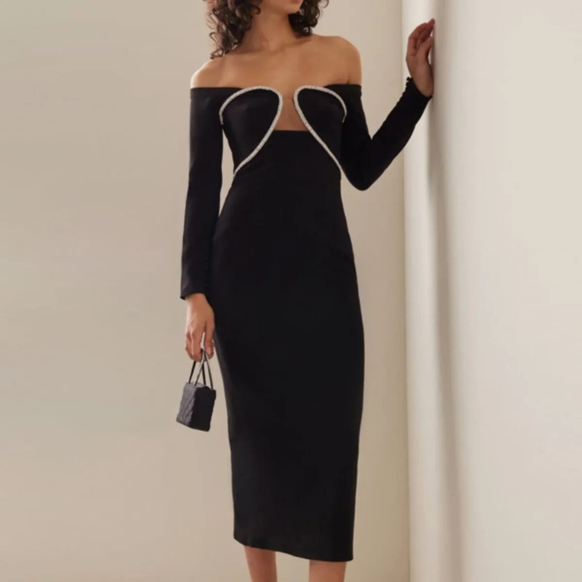 Izara Off Shoulder Rhinestone Midi Dress