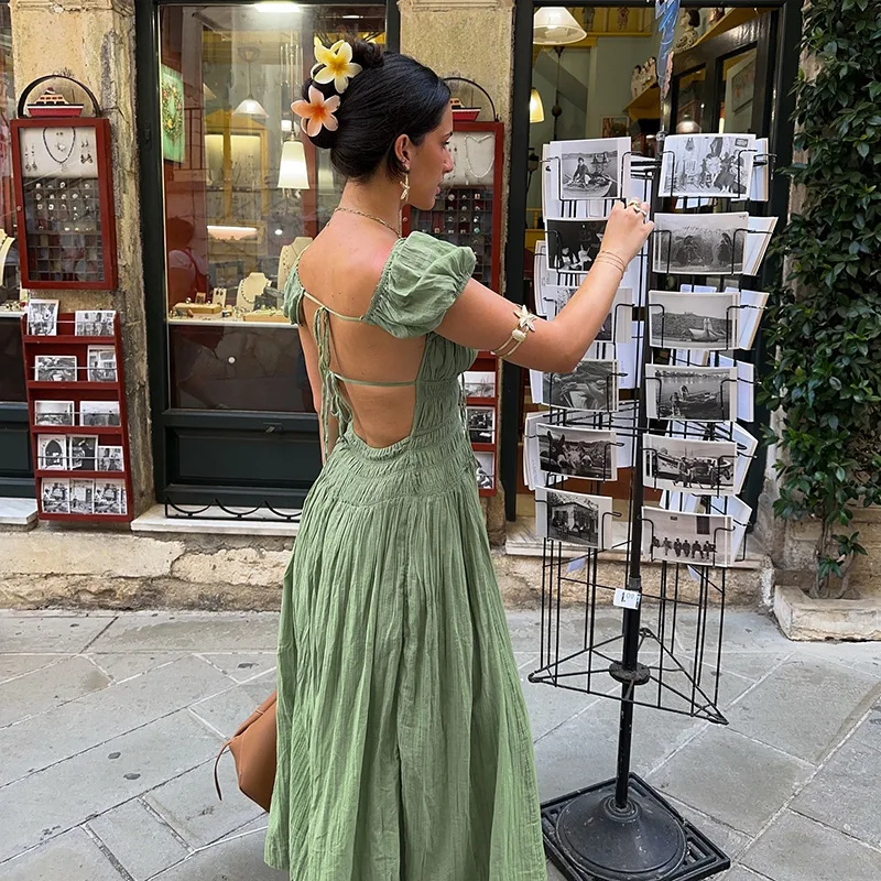 French Strapless Dress – Puff Sleeve Vintage-Inspired Midi