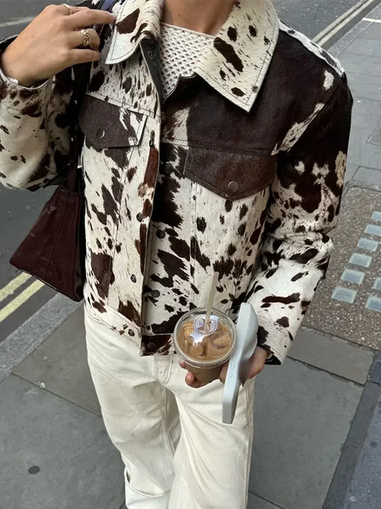 Cow Print Faux Fur Shirt-Style Jacket