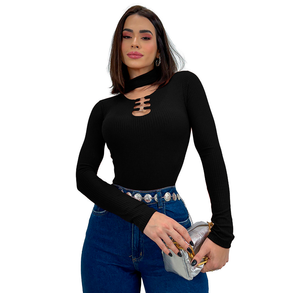 Body Feminino Cacharrel Gola Choker Alta Manga Longa Inverno Tendencia Para Mães 2025
