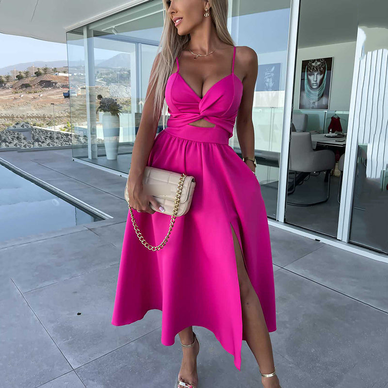 Vanette - Elegant Strappy Front Slit Midi Dress